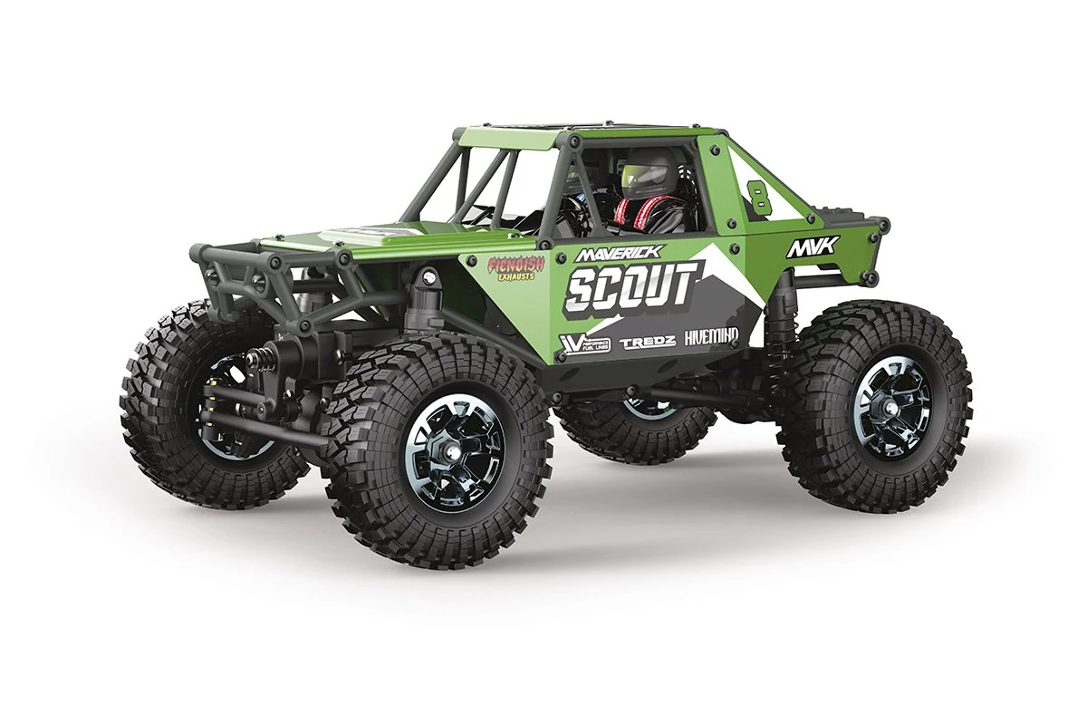 Maverick Scout-24 1/24 scale RTR rock crawler, green bodyshell, three-quarter front view