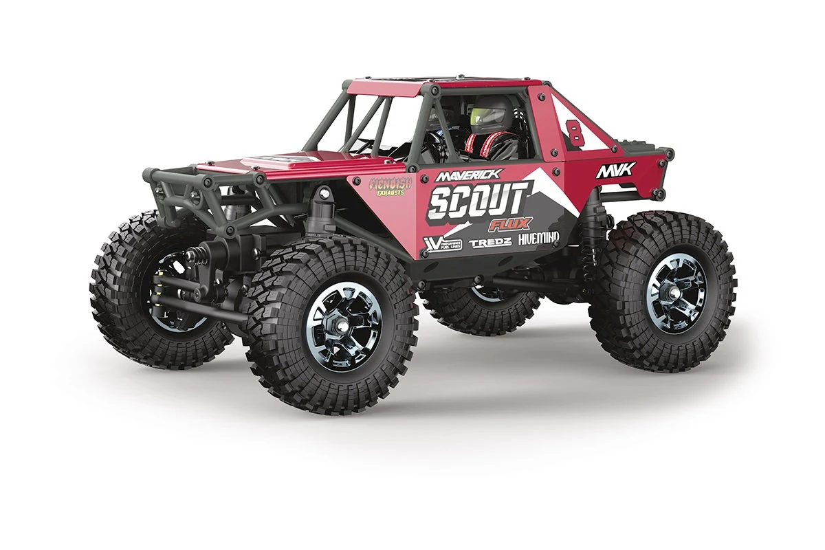 Maverick Scout-24 Flux 1/24 scale brushless RTR rock crawler, red bodyshell, three-quarter front view