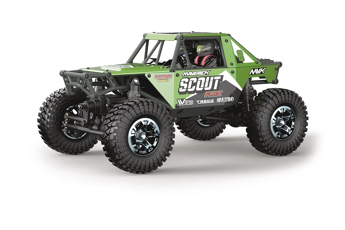 Maverick Scout-24 Flux 1/24 scale brushless RTR rock crawler, green bodyshell, three-quarter front view