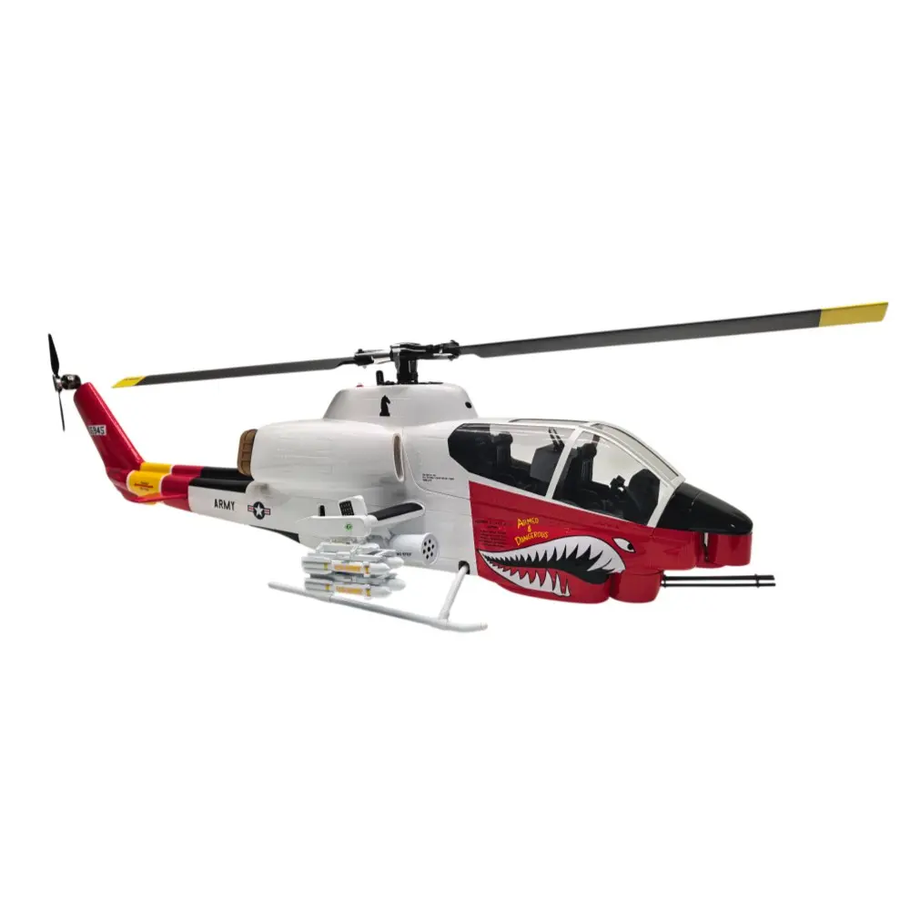 FLISHRC AH-1 Cobra white and red RC helicopter, front three-quarter studio view showing shark-mouth nose art and rocket pods